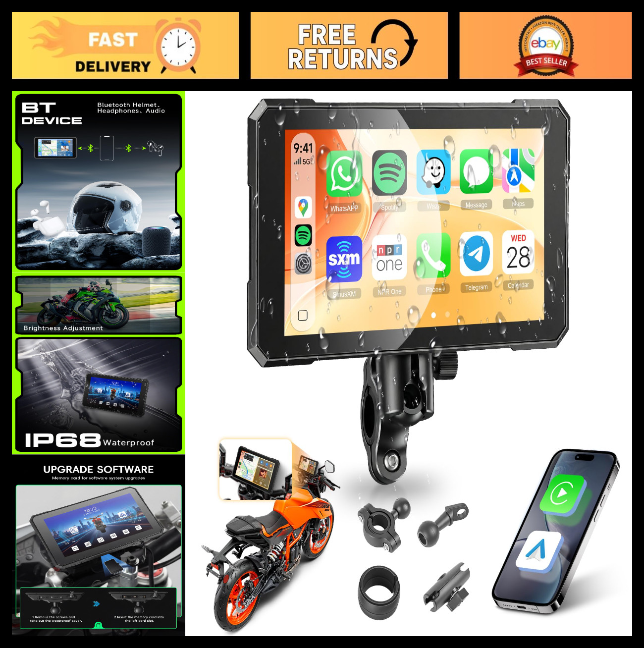 5″ Wireless CarPlay & Android Auto Screen for Motorcycle, IP68 Waterproof, GPS,