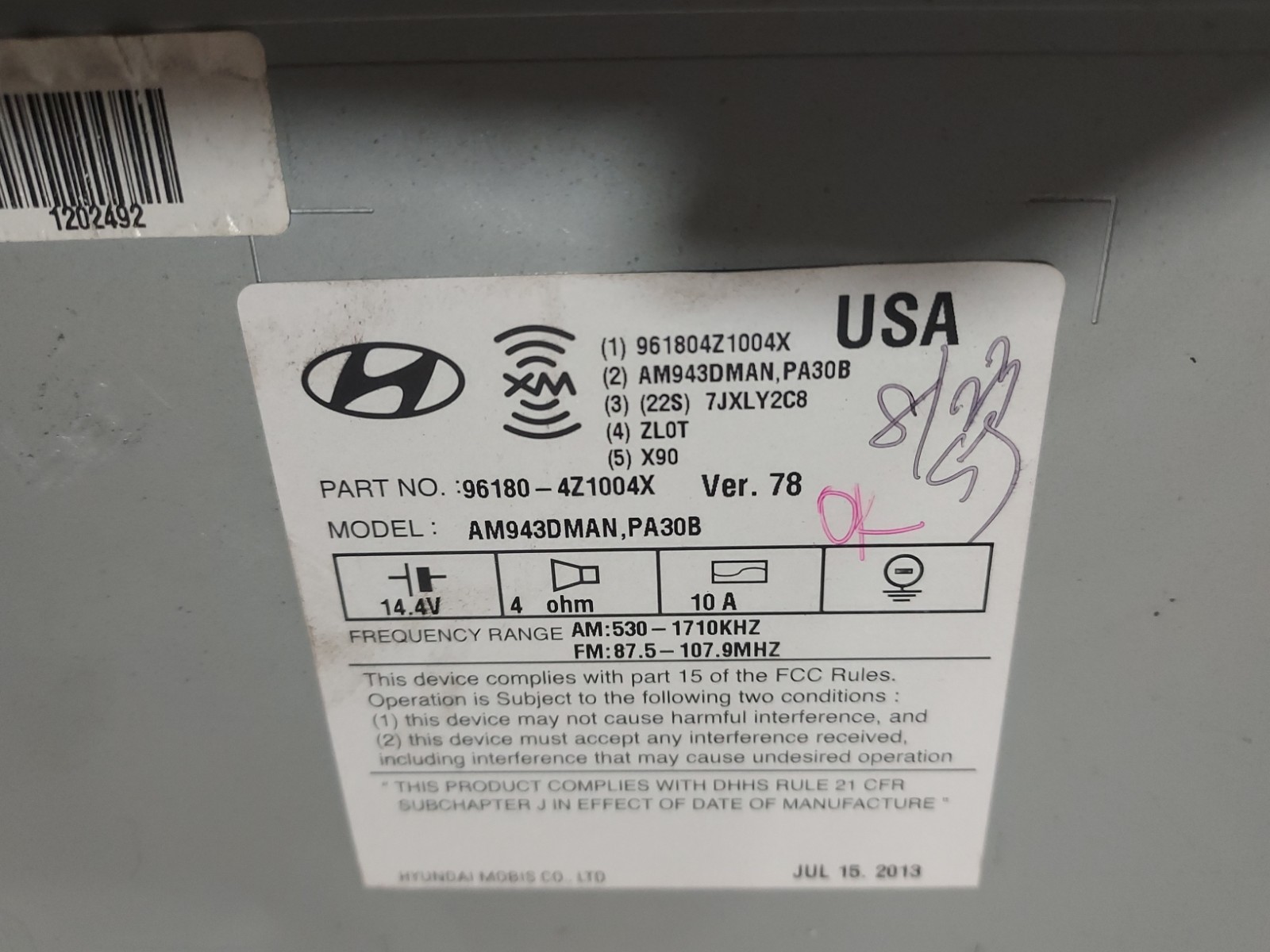 2013-2016 Hyundai Santa Fe AM FM XM CD Radio Receiver OEM 96180-4Z1004X Match #
