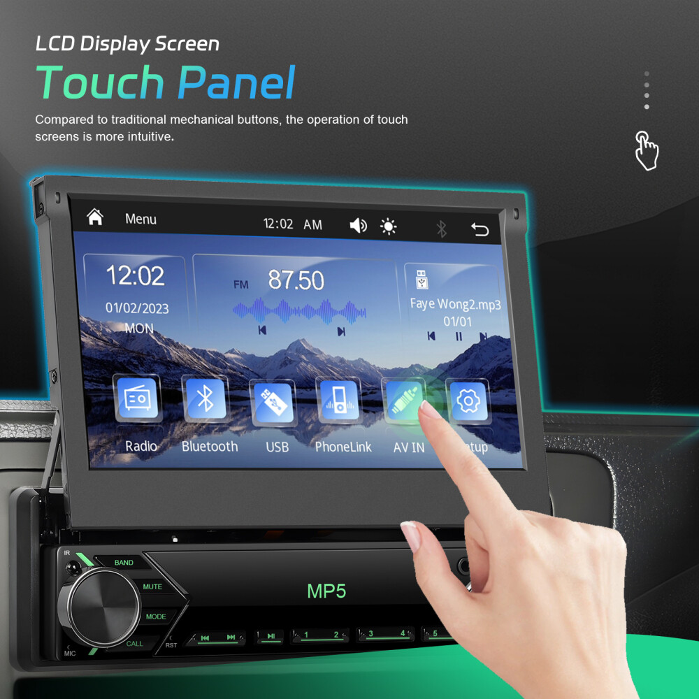 Single 1DIN 7″ Car Stereo Radio Carplay Android Auto Flip Out Touch Screen + Cam
