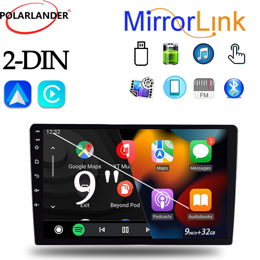 Car Radio 2+32G Wireless CarPlay Android Auto GPS 9″ Double Din HD Touchscreen