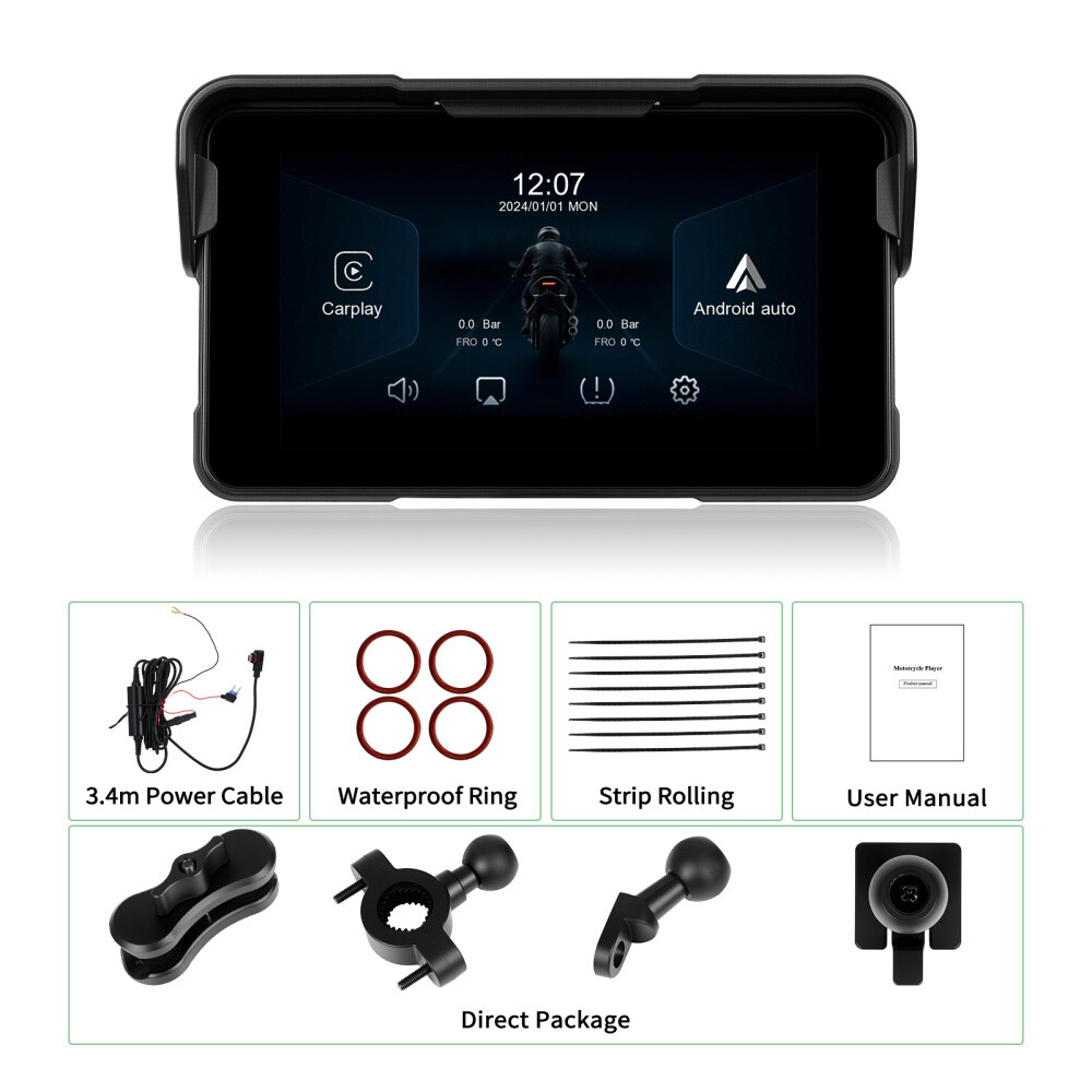 5″ Waterproof Motorcycle Navigator Portable Wireless CarPlay Android Auto Screen