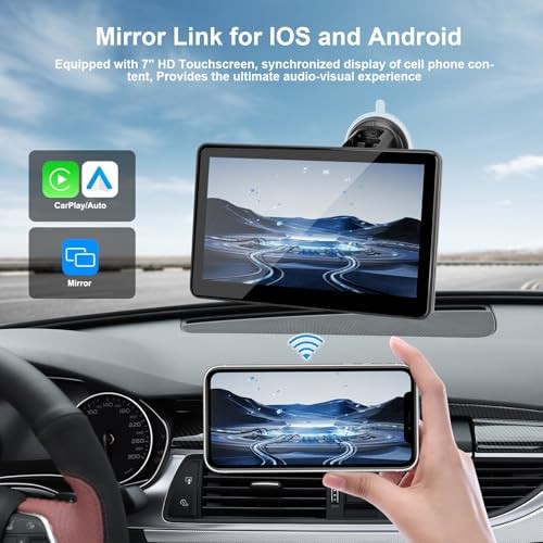 Portable Wireless CarPlay Screen for Car, 7″ HD Touch Screen for Car with