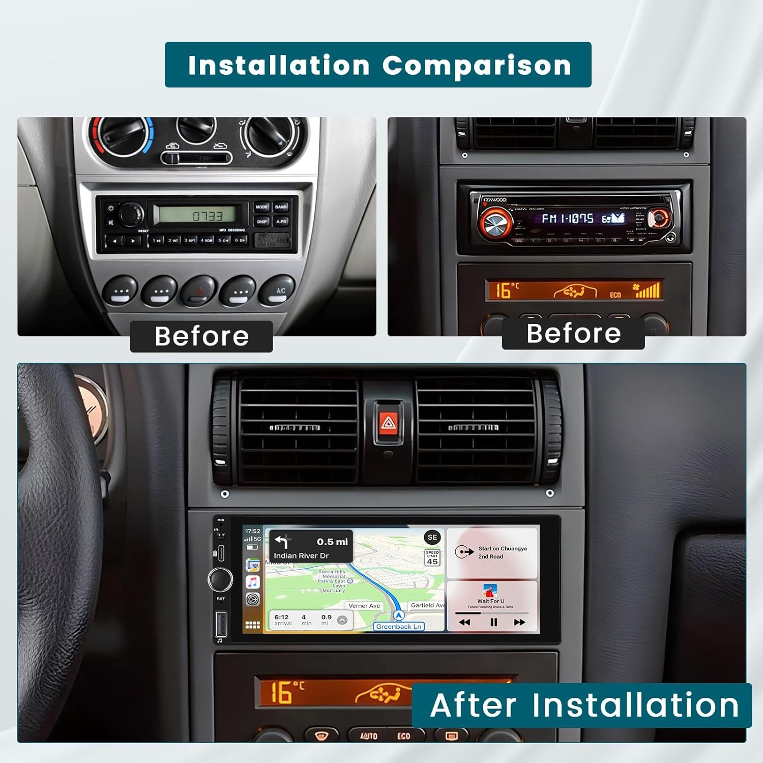 6.86″ Single Din Car Stereo Radio Apple CarPlay BT USB/Type-C FM +MIC & Camera