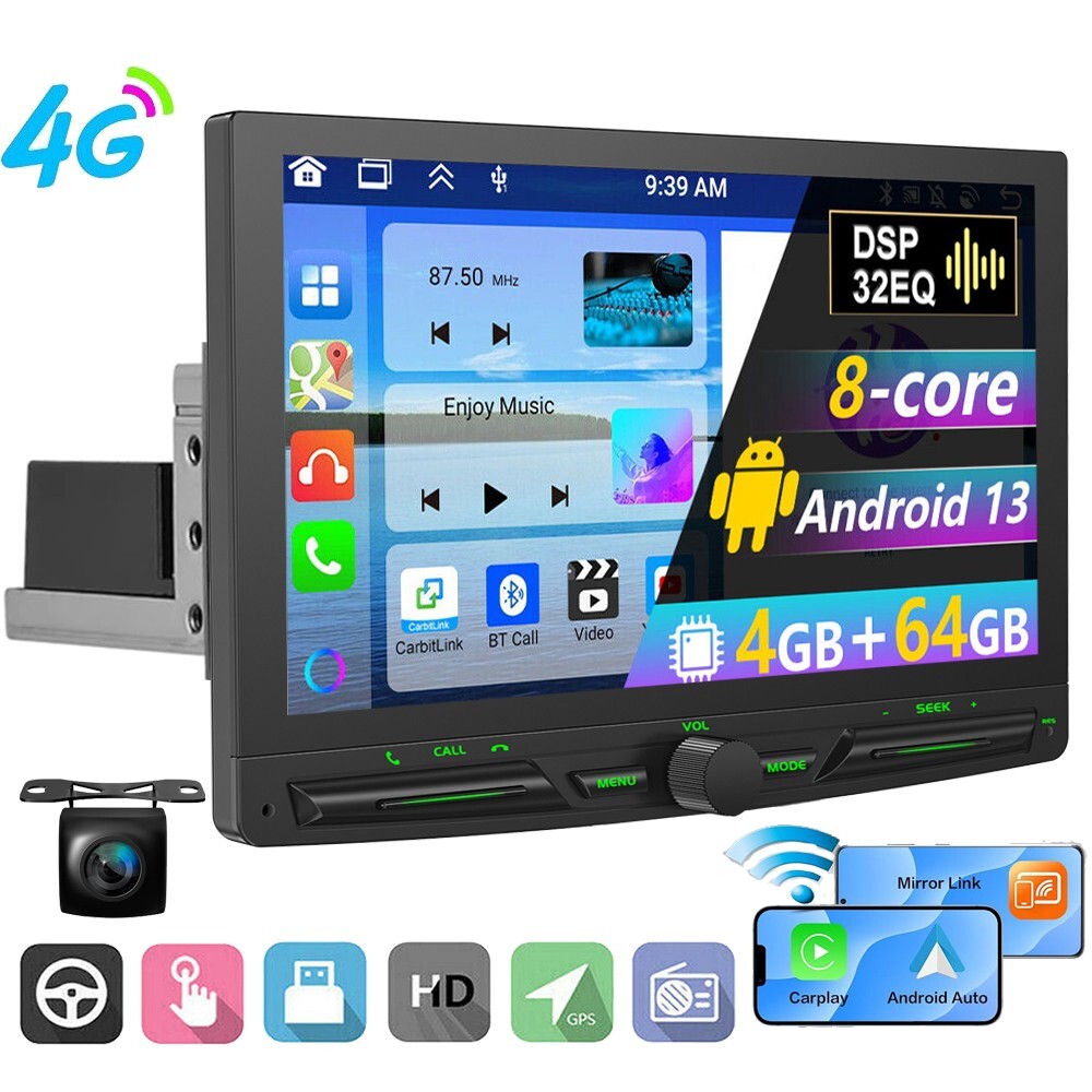 10.1” Single 1 Din Android 13 Car Stereo Radio GPS 4G WiFi BT Carplay Rotatable