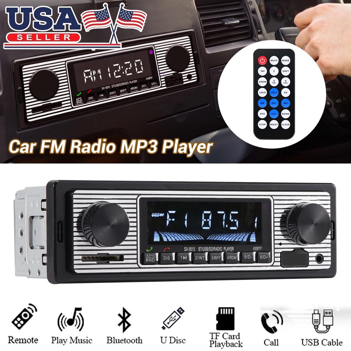 Vintage Car FM Radio MP3 Player Bluetooth USB Classic Stereo Audio Receiver AUX
