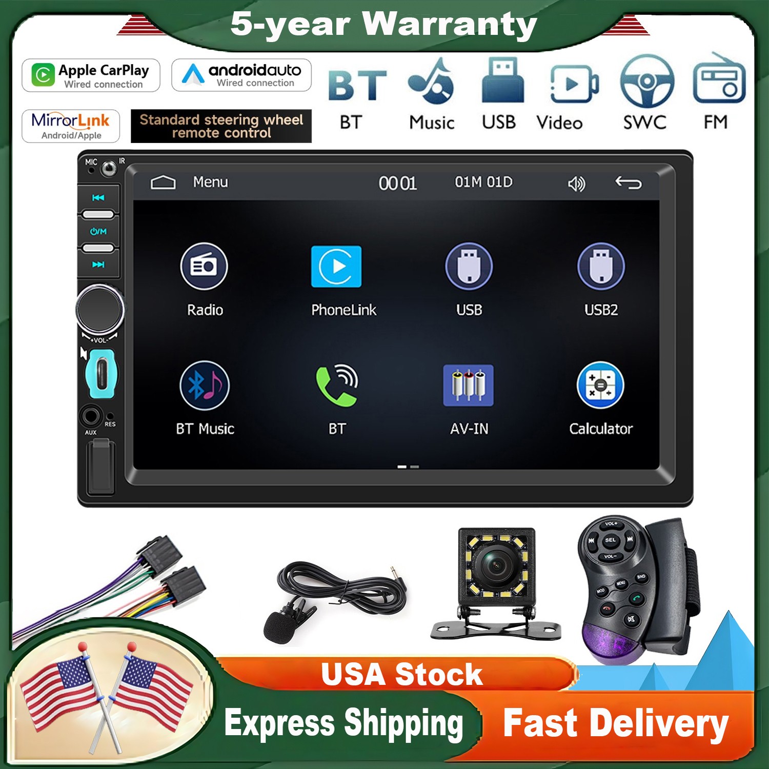 7″ Double DIN Auto Car Stereo Radio Apple CarPlay Android Bluetooth with Camera