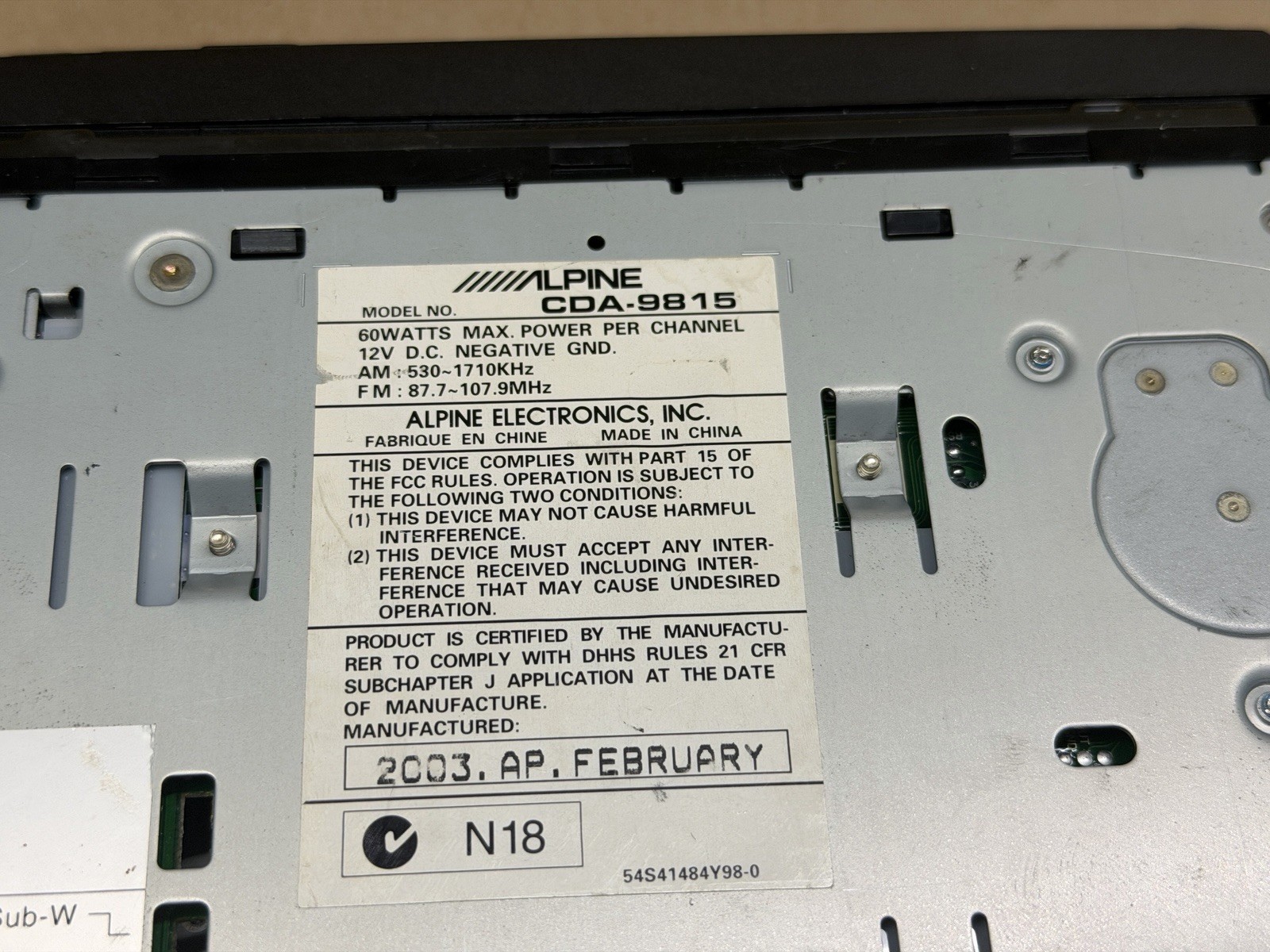 Alpine CDA-9815 CD/MP3/WMA Receiver FOR PARTS AS IS