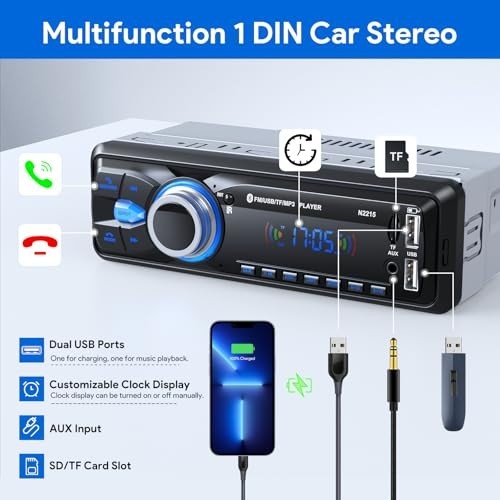 Bluetooth Car Stereo Single DIN, Hands-Free FM Radio, USB/AUX/SD/MP3 Player