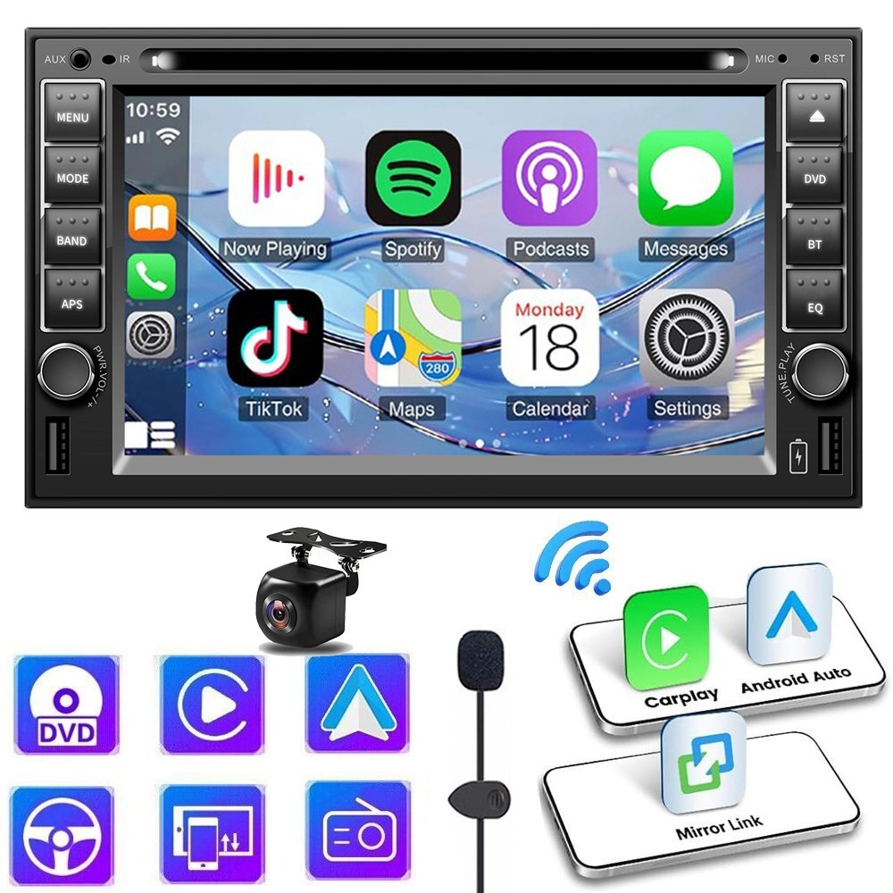 6.2” Auto-Stereo-CD-DVD-Player Wireless Carplay Android Auto GPS mic RDS Radio