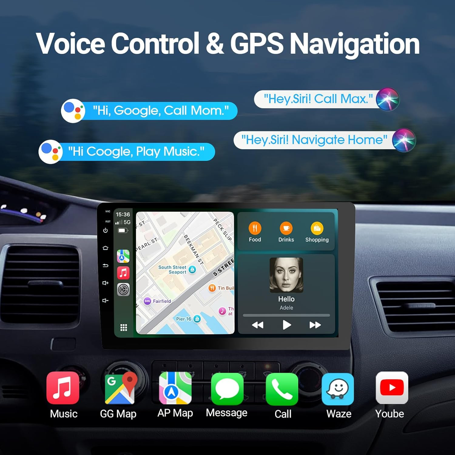 9″ Double Din Car Stereo – 2+64GB Wireless Apple Carplay & Android Auto, HD Touc