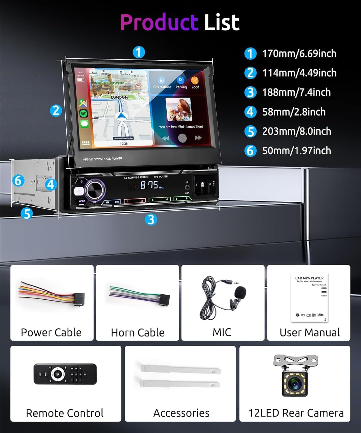 Wireless Carplay 7Inch Single Din Touchscreen Radio,Ips Manual Flip Out Touchscr