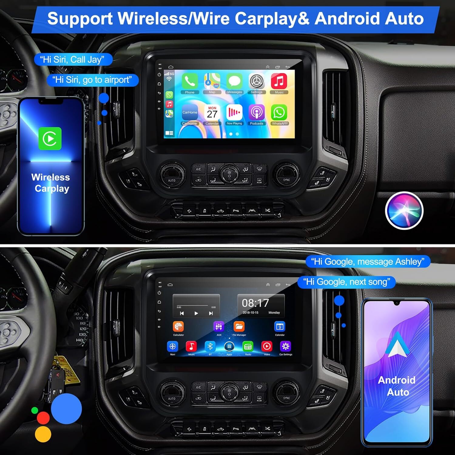64G 8Core Stereo Radio Carplay GPS For 2014-18 Chevrolet Silverado GMC 1280*800