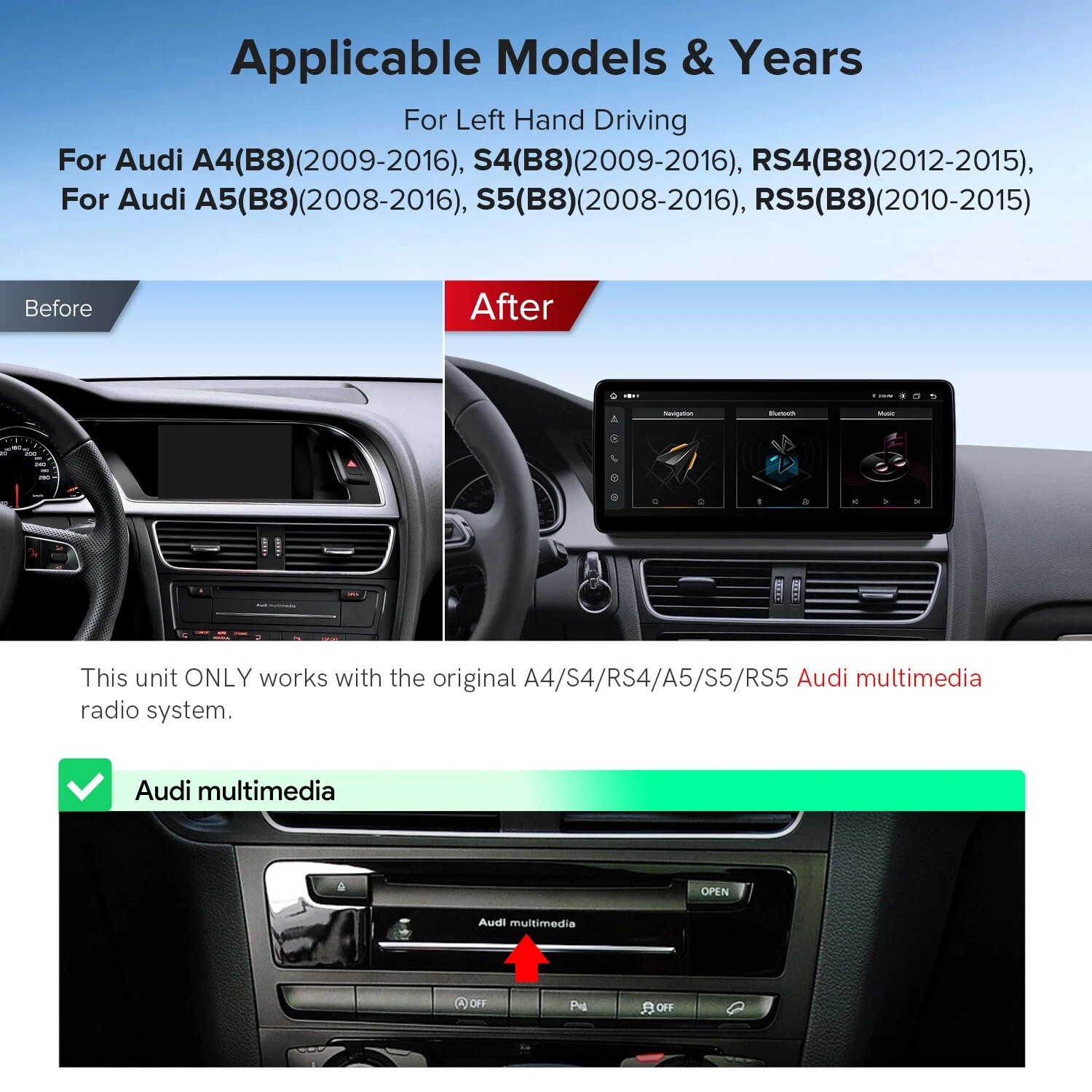 12.3″ Android Car Stereo Radio GPS Navi Carplay 8+64GB For 2008-2016 Audi A4 A5