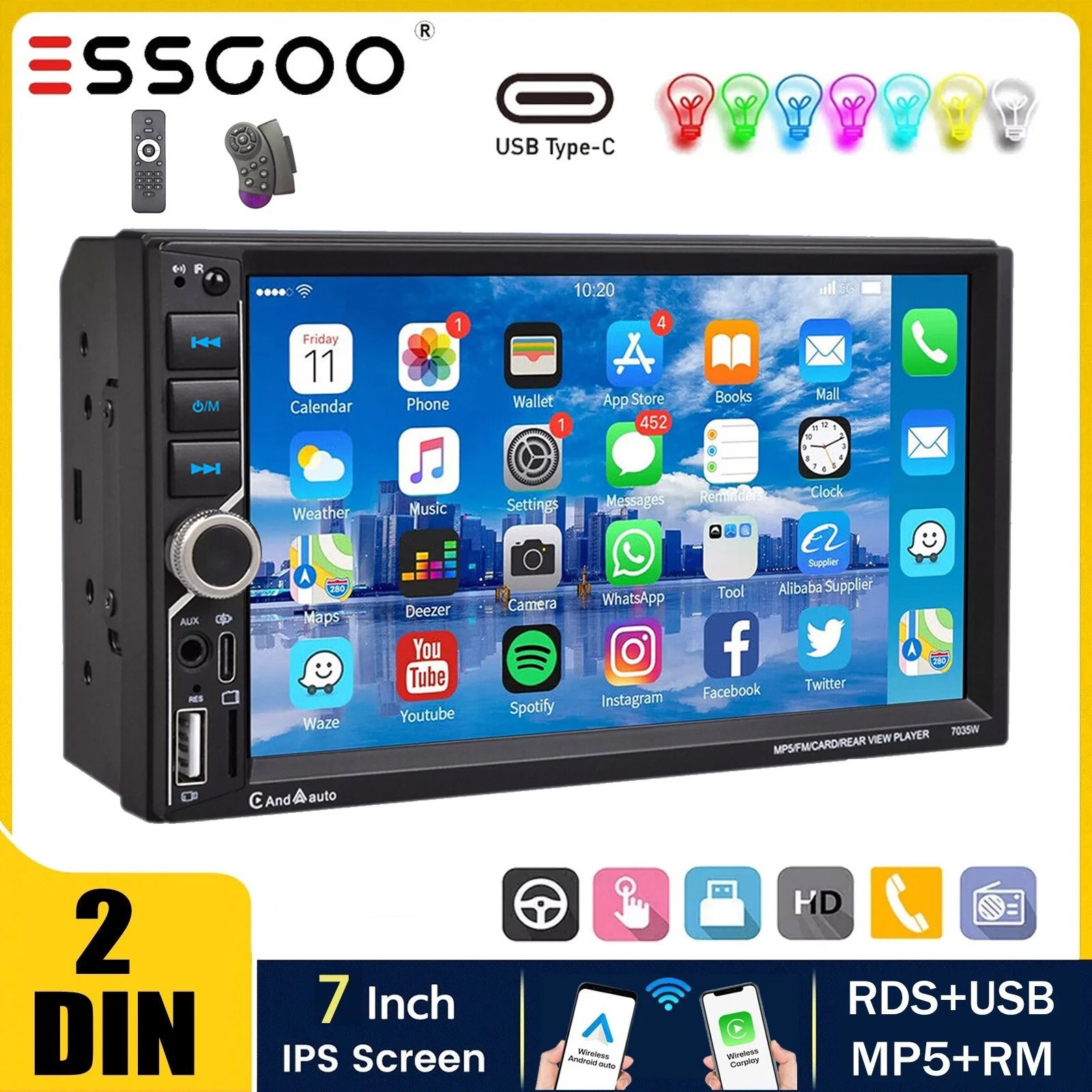 Double 7″ 2Din Touch Screen Car Stereo Bluetooth Radio Apple/Android Carplay GPS