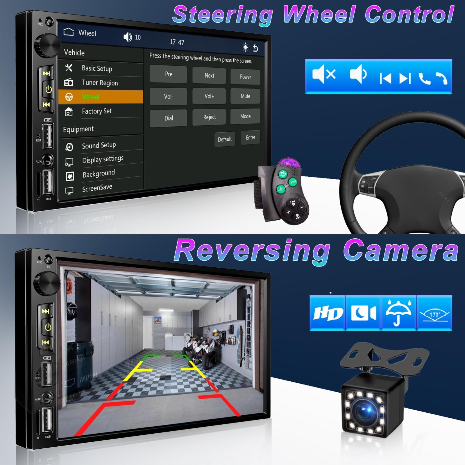 7″ Double Din Car Stereo – Wireless Apple CarPlay, Android Auto, Bluetooth 5.2,