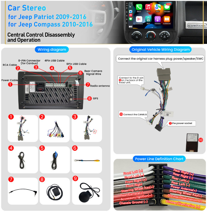 For Jeep Patriot Compass 2010-2016 GPS Apple CarPlay Android 12 Car Stereo Radio