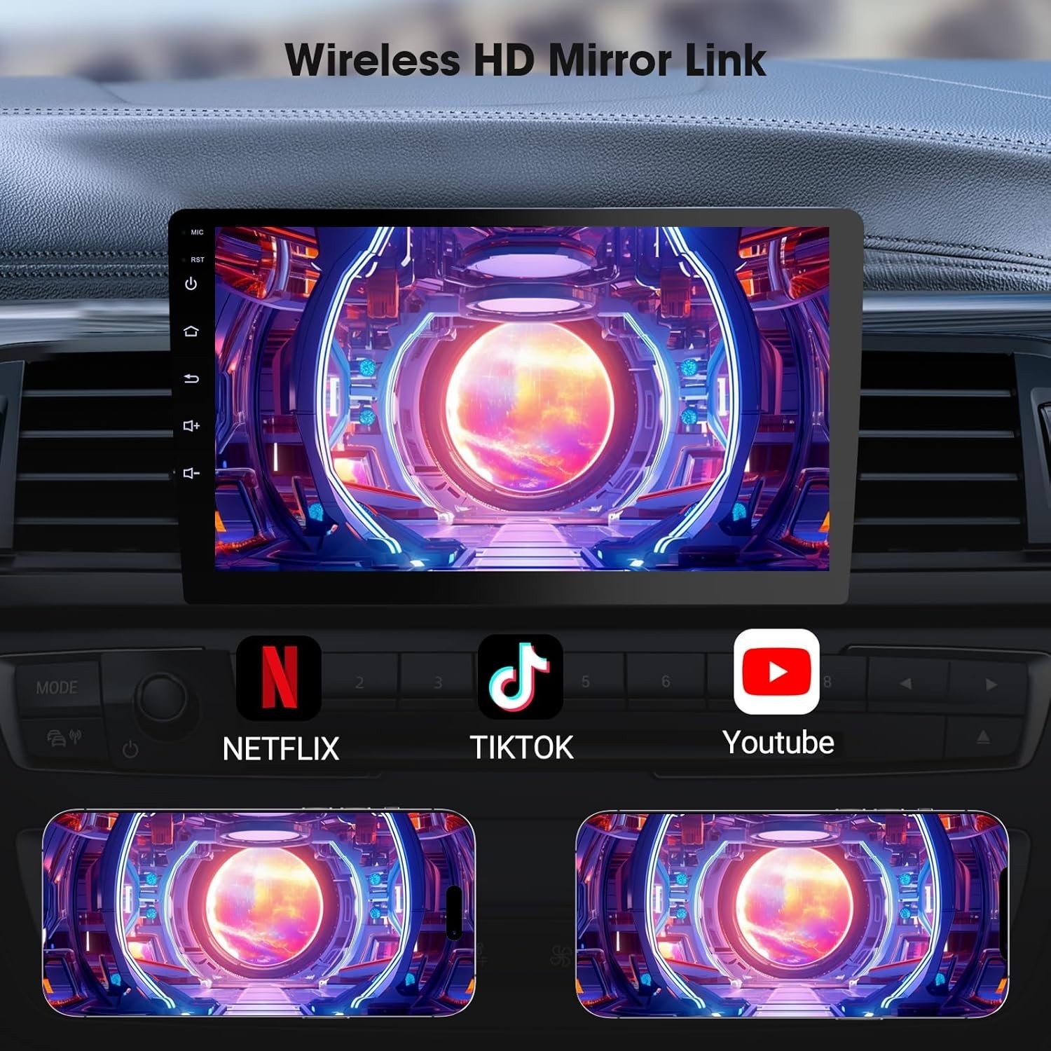 All-in-One 9” Carplay Screen with Wireless Android Auto & Backup Safety Camera