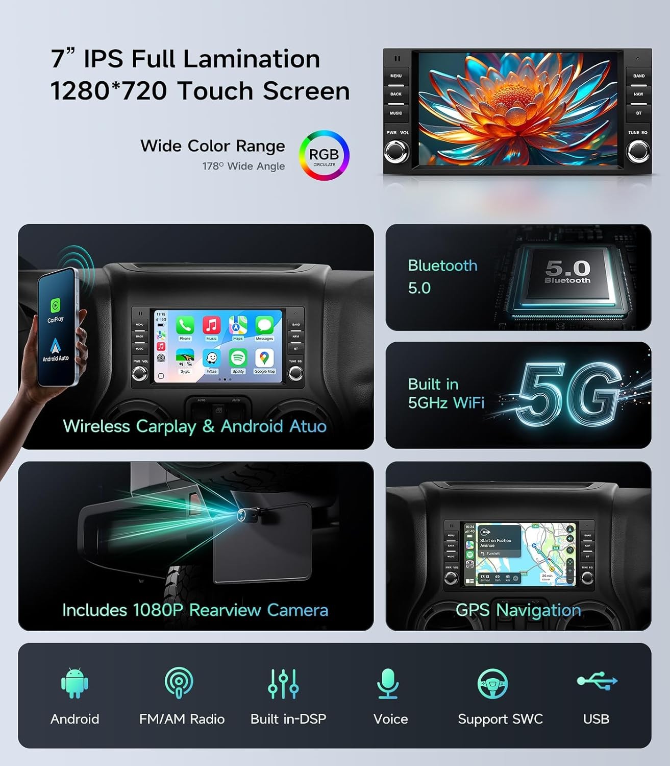 Car Stereo for Jeep, Dodge, Chrysler & Chevrolet Wireless Apple CarPlay Android