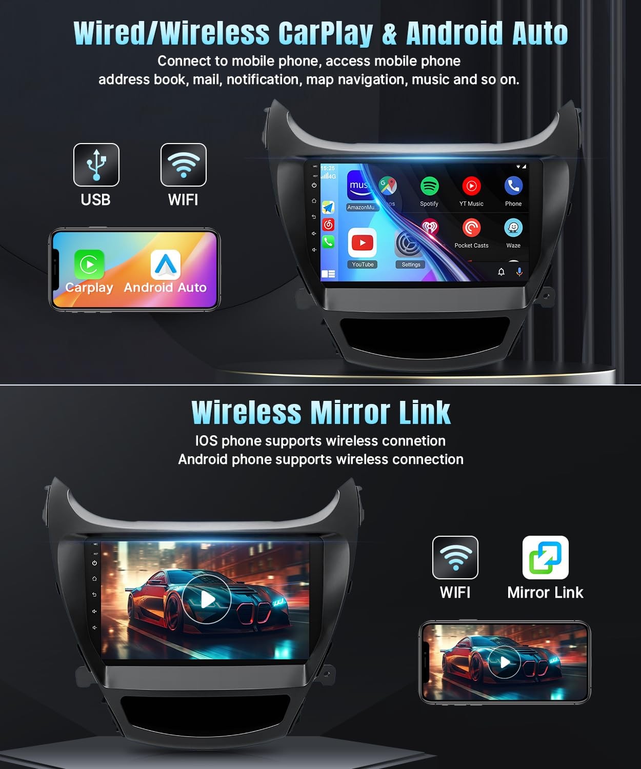 64G Car Radio for Hyundai Elantra 2014-2016 Carplay Android Auto 1280*800 GPS