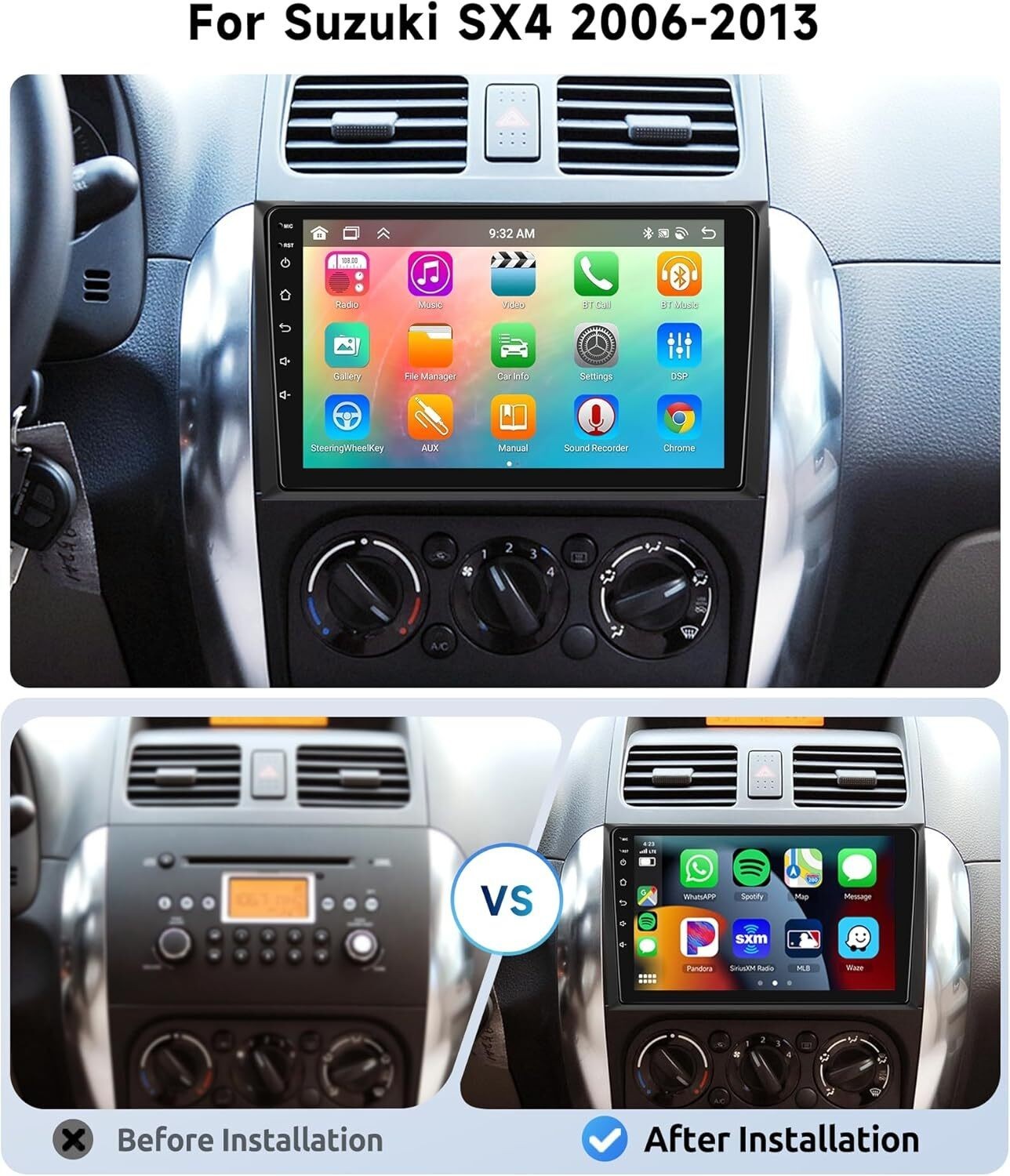 32GB Android BT CarPlay Car Radio Stereo AHD GPS Screen For SUZUKI SX4 2006-2013