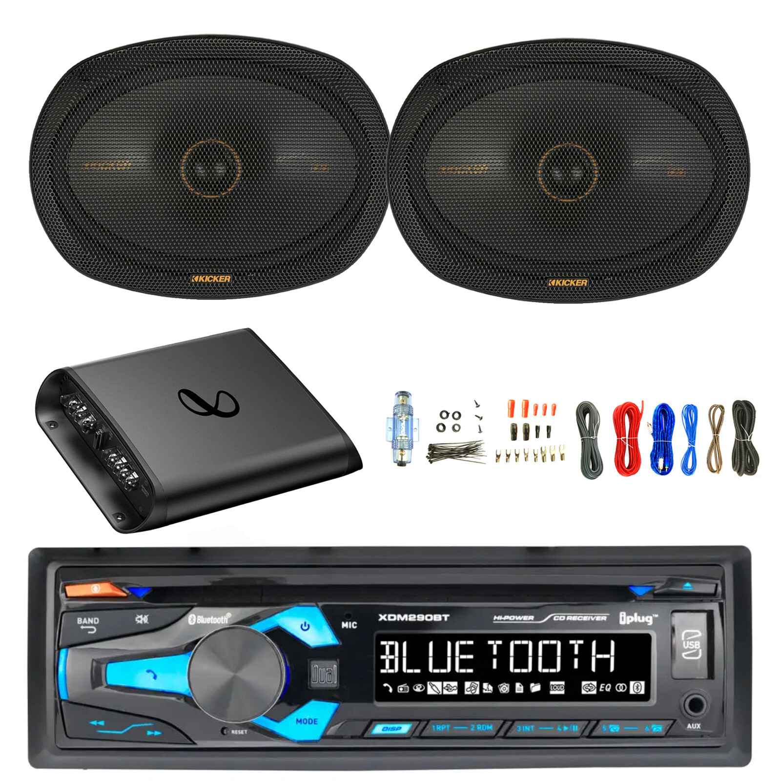 In-Dash AUX USB Bluetooth AM/FM MP3 CD Receiver, 2x 6×9″ 300W Speaker, Amp w/Kit