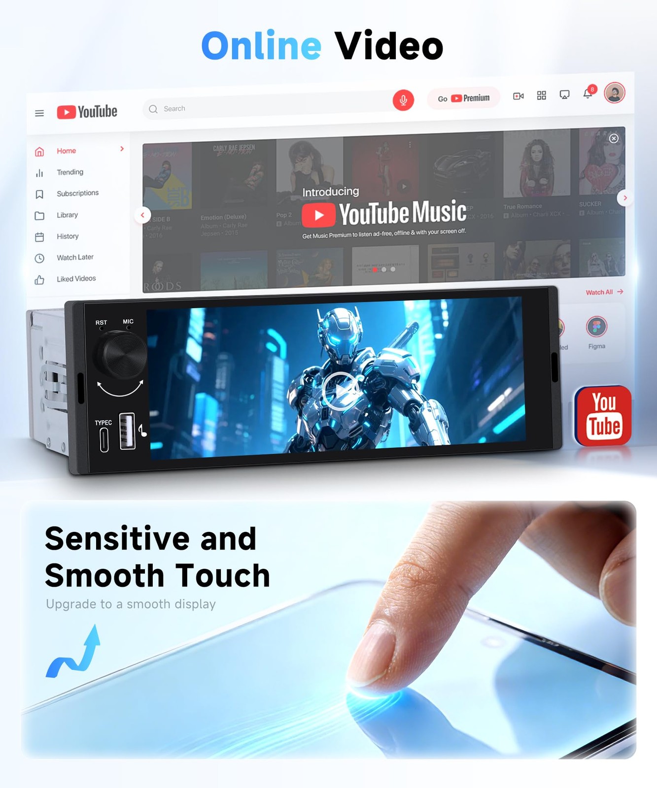Single Din Car Stereo with 6.36 Inch Touch Screen, Wireless CarPlay & Android…