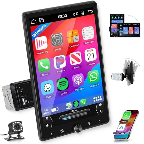 10.4“ Wireless CarPlay Stereo Single Din Car Radio,2025 Upgraded Rotatable HD
