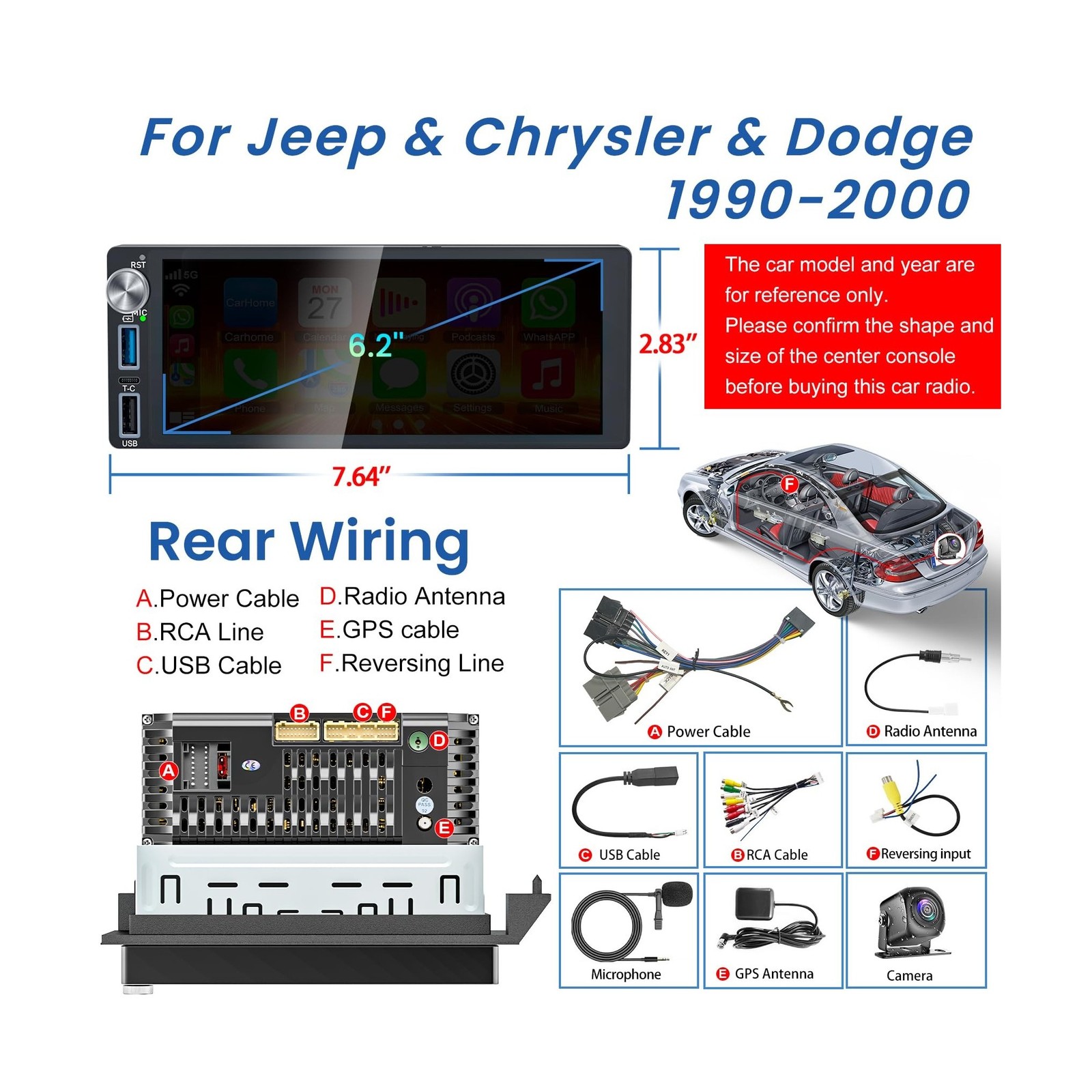 4G+64G Android 13 Car Radio for Dodge & Chrysler & Jeep (1990-2000), 6.2”Tou…