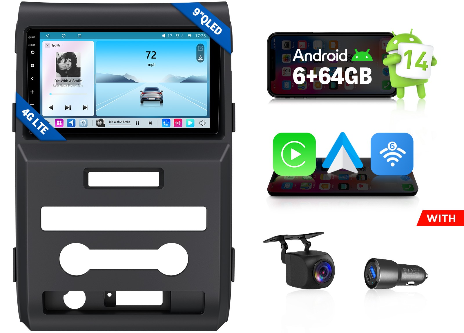 6+64GB Android Auto 9″ QLED Car Stereo Head Unit for Ford F-150 Wireless CarPlay