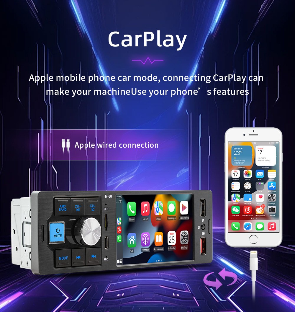 Type-C Mirror Link Bluetooth FM60 4.1in 1DIN Carplay Car Stereo Radio MP5