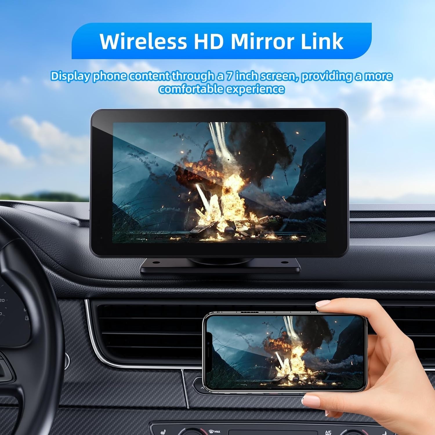 Portable Carplay Screen with Mirror Link – 7″ HD Touchscreen