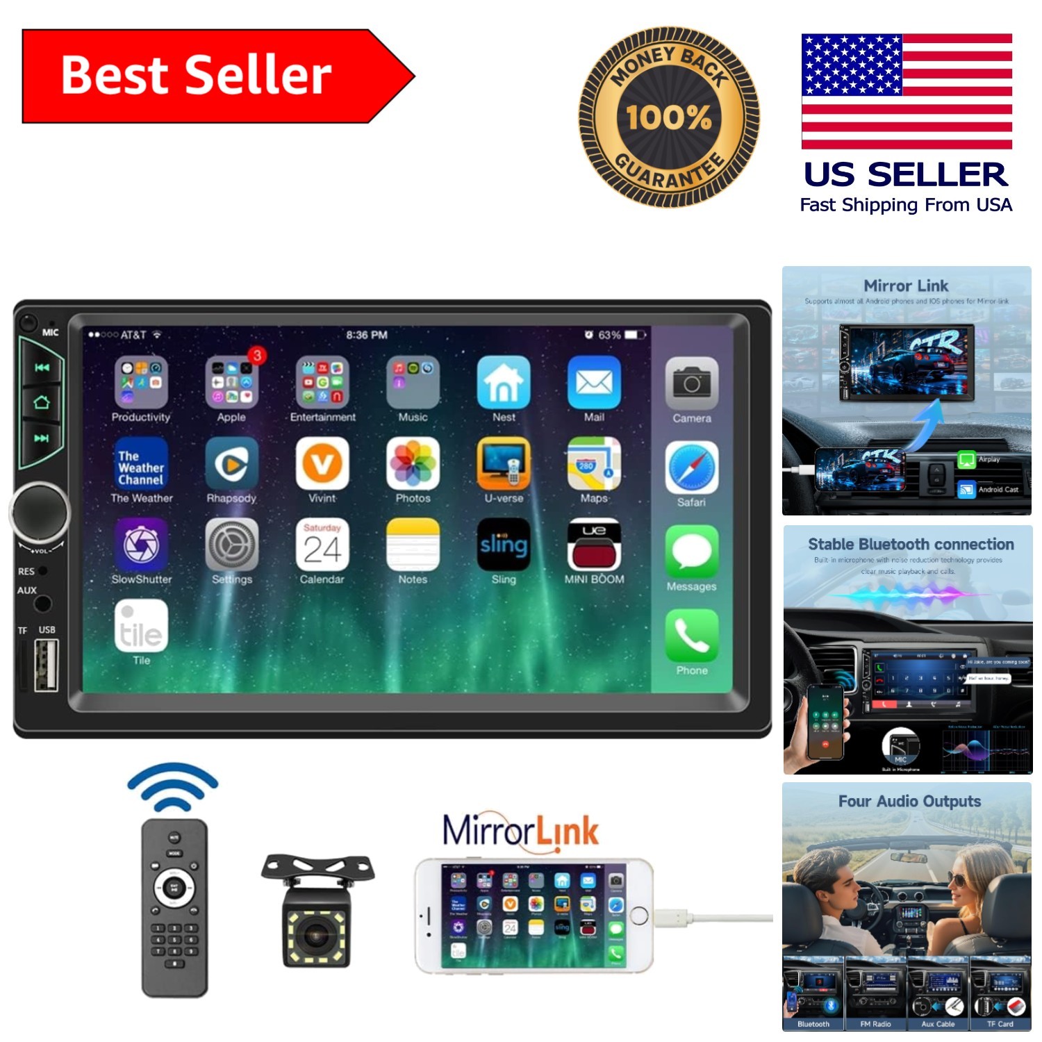 HD Touchscreen Double Din Car Radio with Bluetooth 5.0 & Mirror Link Support