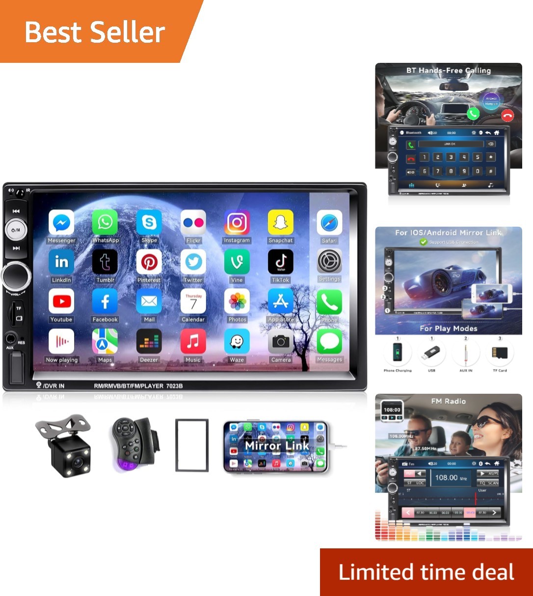 7″ Double Din Bluetooth MP5 Car Stereo with Backup Camera & Touchscreen Control