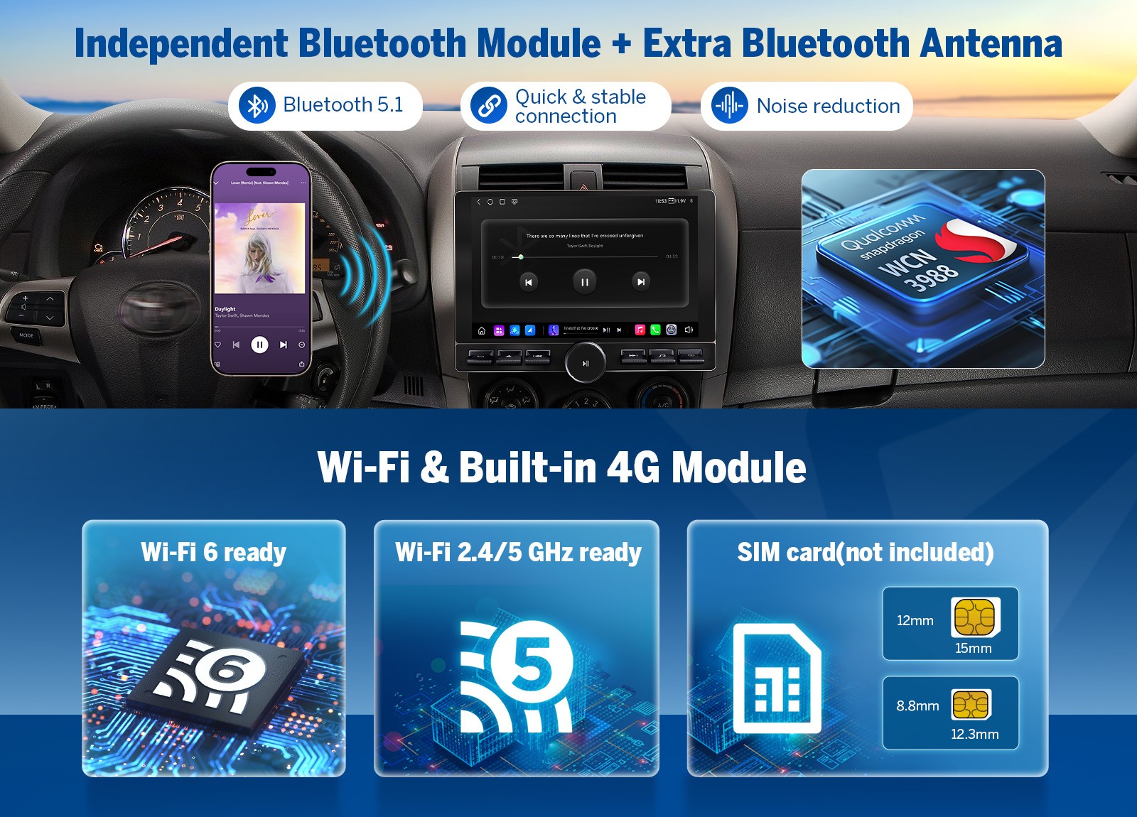 Android Car Radio 10.1″ QLED 8+128 Wireless CarPlay GPS Voice Control Double DIN