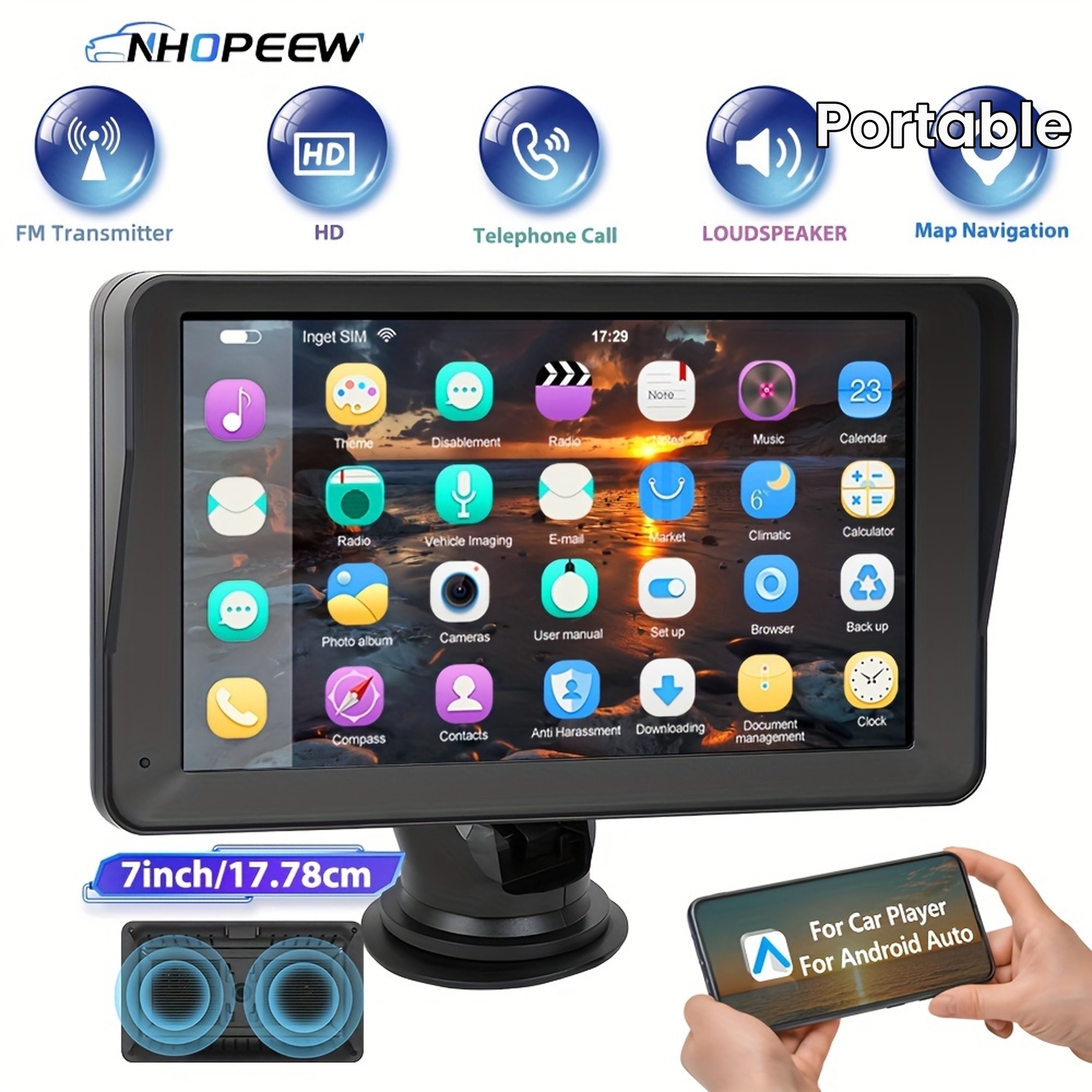 7” Portable Wireless Apple CarPlay Android Auto Touch Screen Car Radio Stereo.