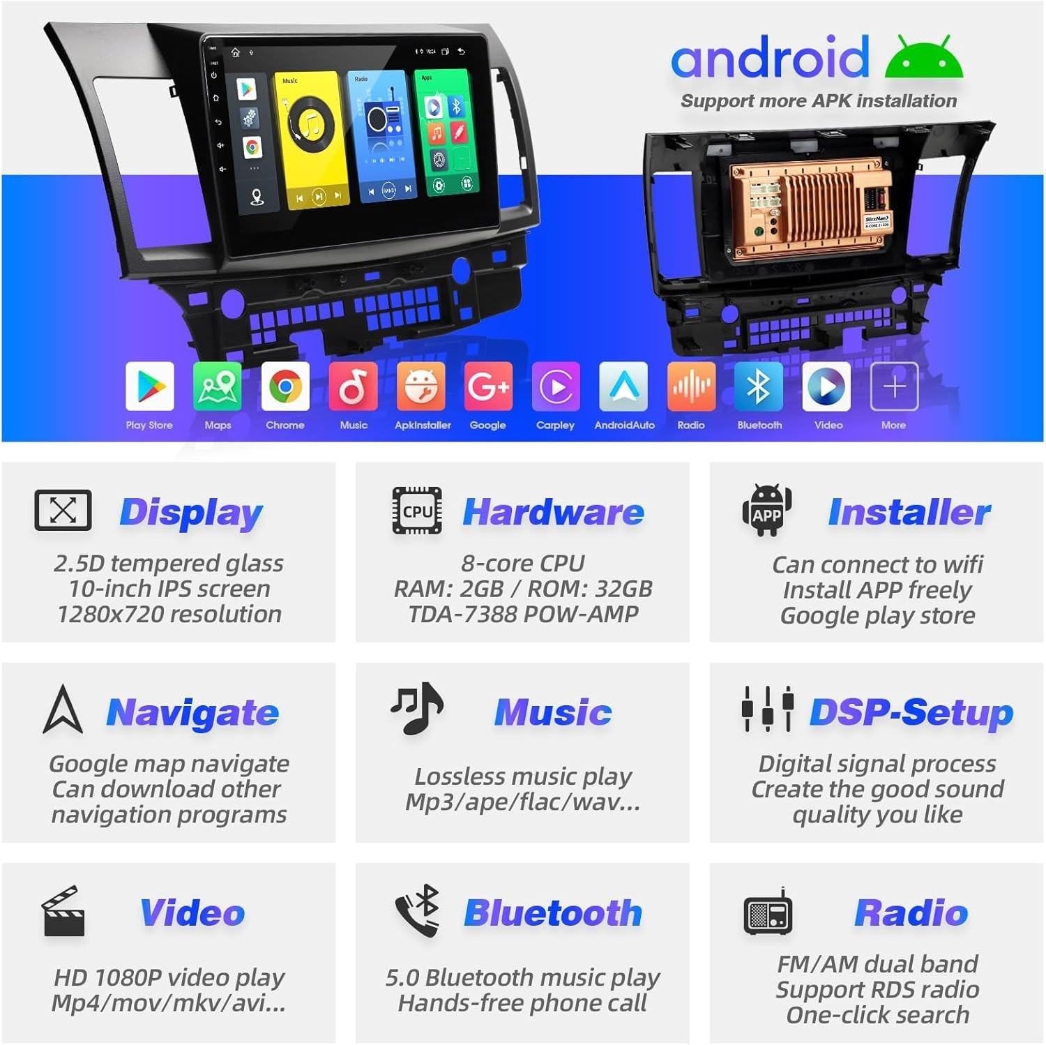 SizxNanv Lancer 2008-2017 Stereo Carplay Android Auto 2GB + 32GB 8 Core 10″ Scr