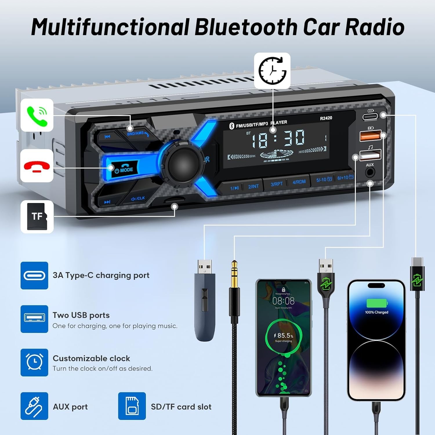 Car Radio Bluetooth Single Din FM AM USB-C USB AUX SD Hands-Free MP3 Player No