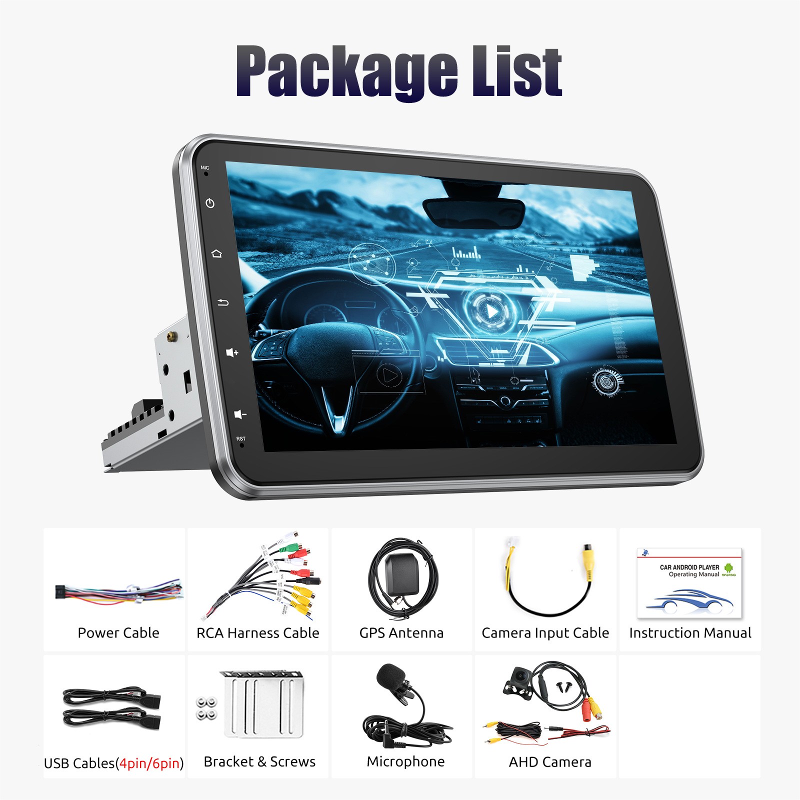 Single DIN 10″ Rotatable Screen Android 14 Carplay Car Stereo GPS 4+64G AHD Cam