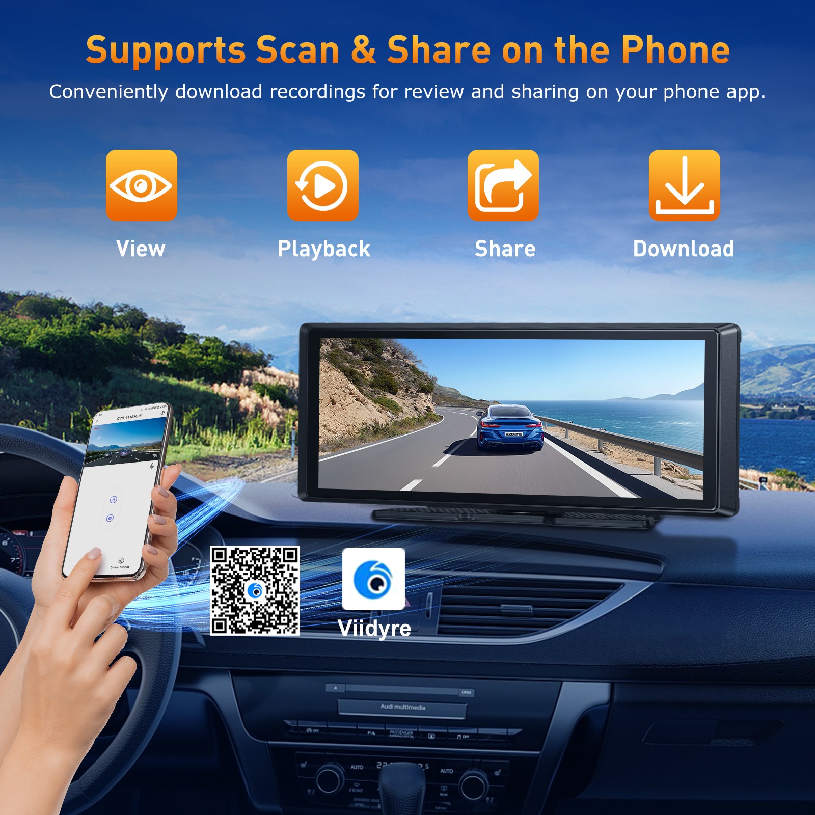 2K Portable Wireless Car Stereo With Carplay Android Auto Play DVR & Backup Cam