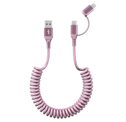 USB to USB C and Lightning Car Charger Cable – iPhone Charger Coiled Pink