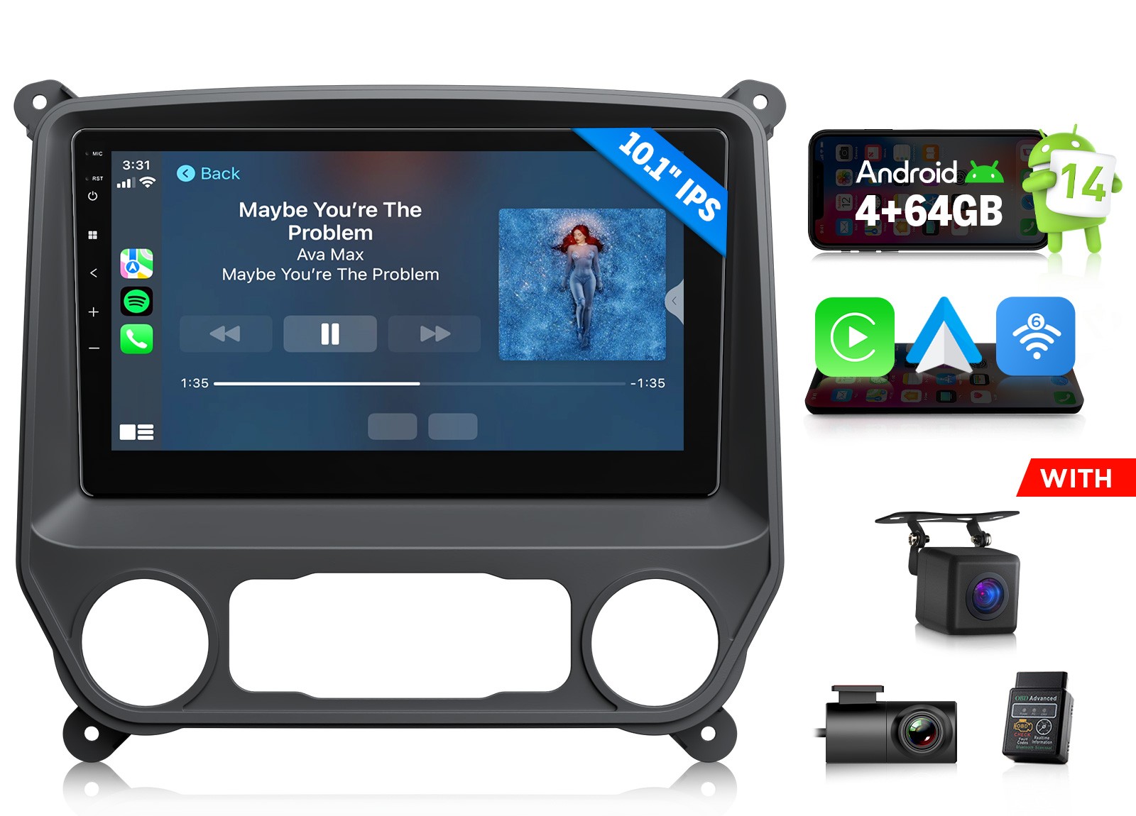 For GMC Sierra 2014-2018 10.1″ Android 14 4+64 Car Radio Stereo Apple CarPlay BT