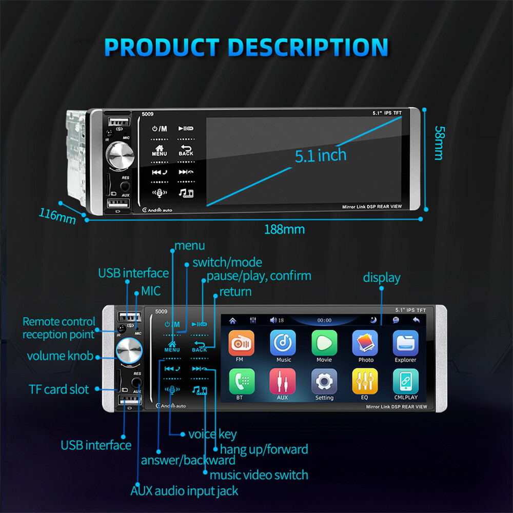 5.1in Car Radio Player Touch Screen Bluetooth Stereo Receiver Mirror Link FM AUX
