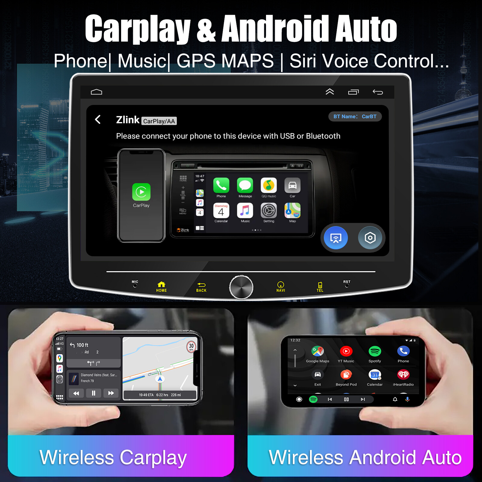 360° Rotatable Car Stereo Apple Carplay Android 14 10″ Touch Screen Radio Camera