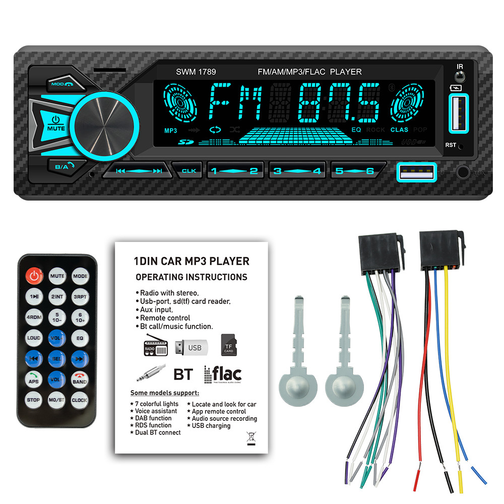 Single Din Car Stereo Radio Bluetooth Call Dual USB AUX FM/AM W/7 Color Lights