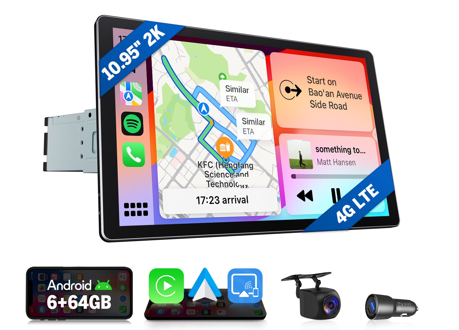 10.95″ 2K QLED Touch Screen 6+64GB 1DIN Car Stereo Head Unit Android CarPlay GPS