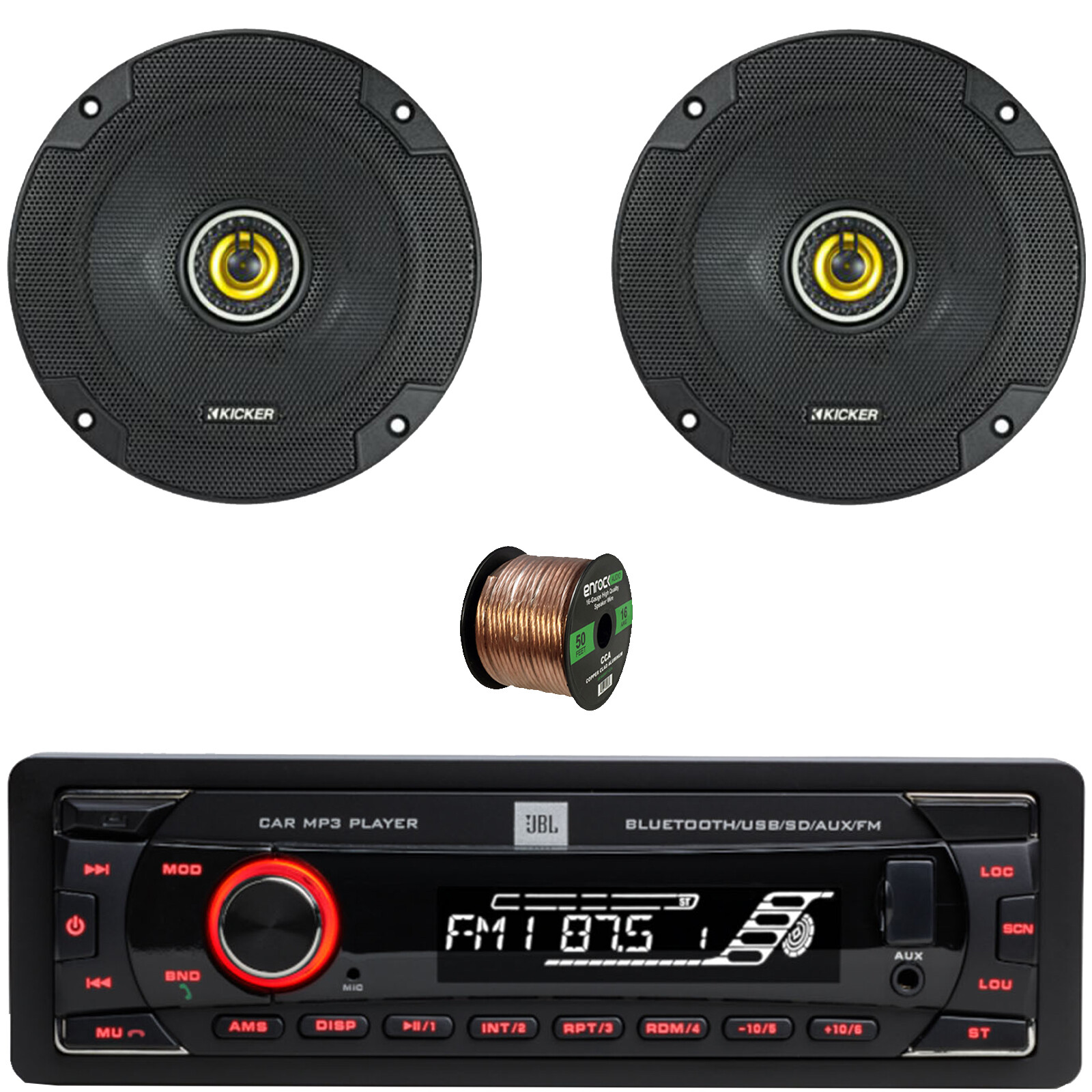 JBL 1-DIN Bluetooth USB/AUX Stereo, 6.5″ 300W Max 2-Way Coaxial Speakers (Pair)