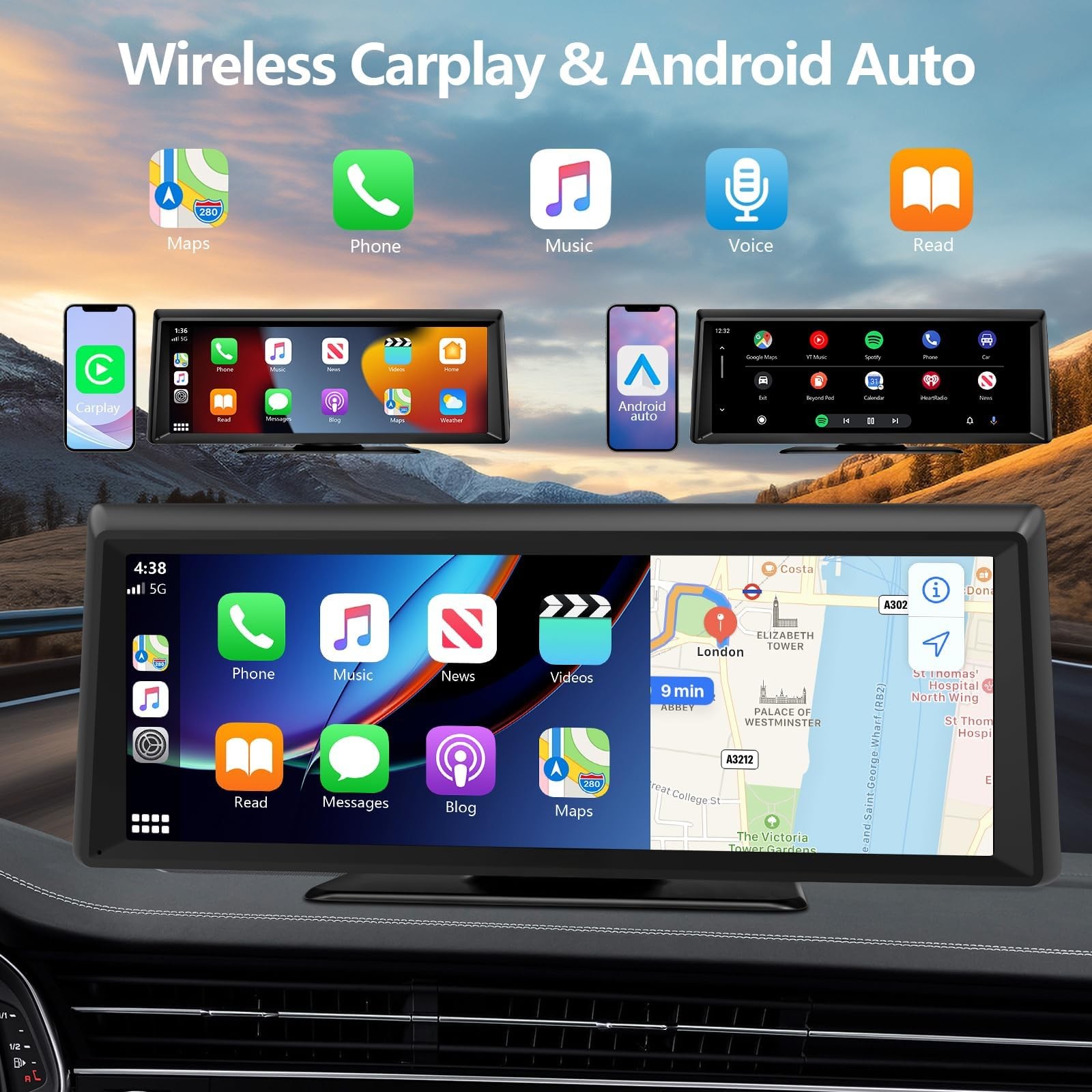 8.1″ Portable Wireless Carplay Screen for Car, 2K Dash Cam & 1080P 8.1 inch