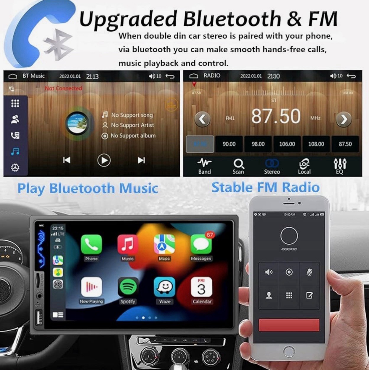 Double Din Car Stereo Compatible w Apple CarPlay Android Auto 7 in HD Backup Cam