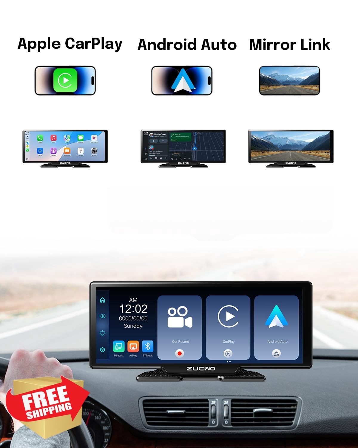 ZUCWO 10.26 Inch Wireless CarPlay Screen Black