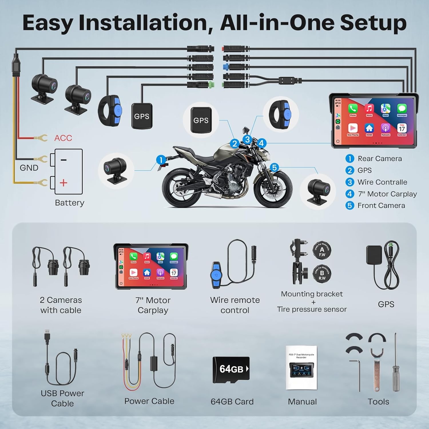 7″ Motorbike Android Auto Navigation GPS CarPlay Dual 4K Dash Cam Bluetooth TPMS